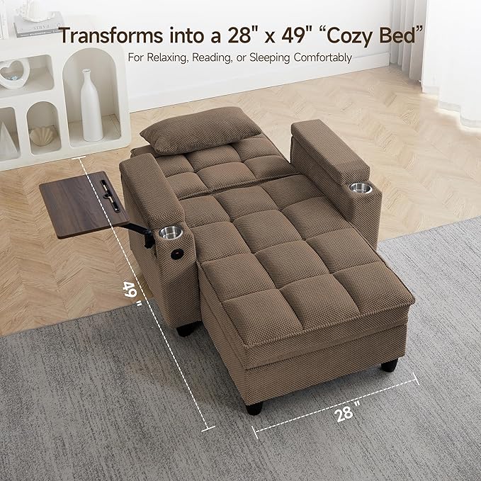 oaaktu Single Modern Comfy Upholstered Chaise Lounge Sofa Chair with Rotating Side Table,Storage,Pillow,USB Charging Ports and Adjustable Backrest Perfect for Living Room, Small Spaces (Coffee)