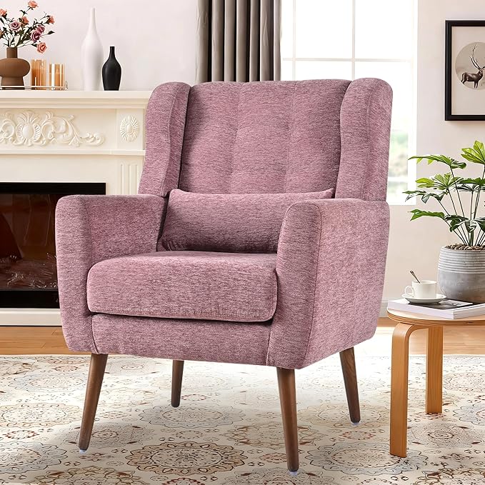 QKFF Modern Accent Chair, Upholstered Armchair with Pillow, Fabric Single Sofa Chair with Lounge Seat Solid Wood Legs Accent Chair for Living Room Bedroom Small Spaces (Purple)