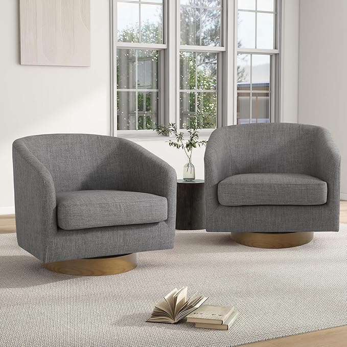 Swivel Barrel Chair, Modern Round PU Leather Accent Armchair for Living Room, Bedroom, Oversized Comfy Club Reading Chairs for Adults (Fabric Grey, Set of 2)