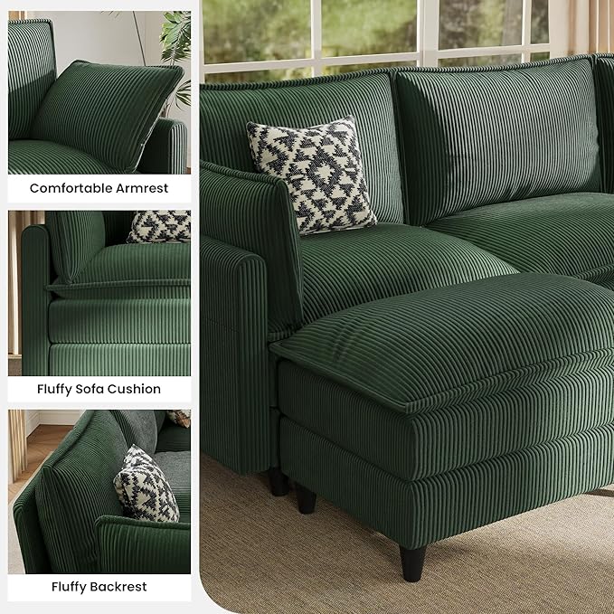Apicizon 143" Cloud Souch Sectional, 4-Seat Deep Sofa Couch with Ottoman, Modern U Shape Sectional Cloud Sofa Corduroy for Living Room, Apartment, Office, Green
