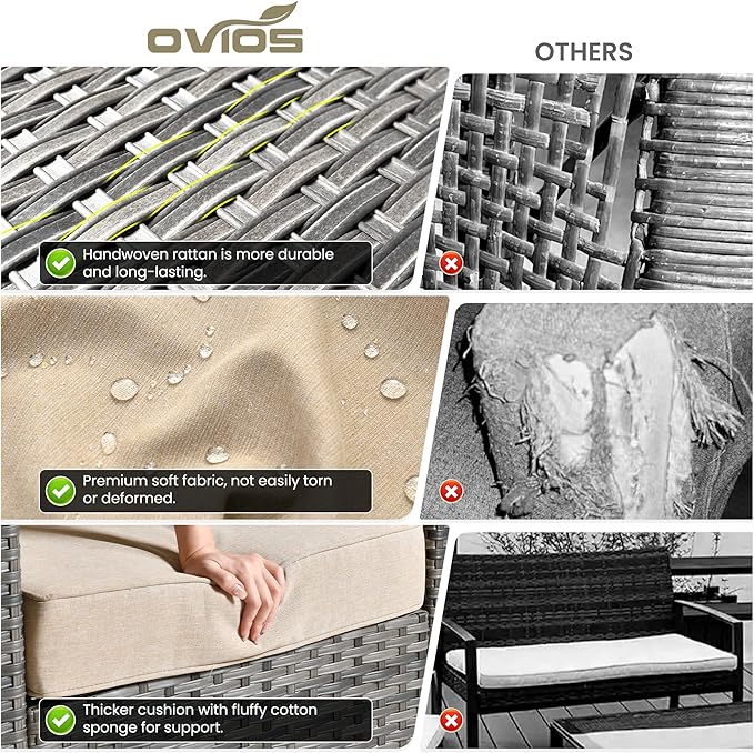 ovios 5 Pieces Patio Furniture Set, Outdoor Wicker Sofa Couch with Rocking Swivel Chairs Solar Lights Table, Modern Deep Seat Rattan Conversation Sets for Deck Porch, Beige