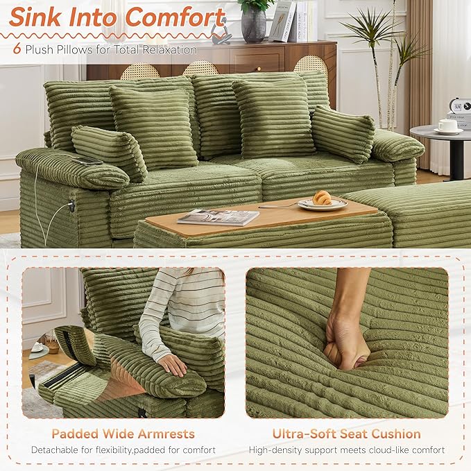 75" Corduroy Loveseat with Storage Ottoman & USB, Cloud Deep Seat Couch with Convertible Ottoman Coffee Table, Double Chaise Lounge for Living Room, Green