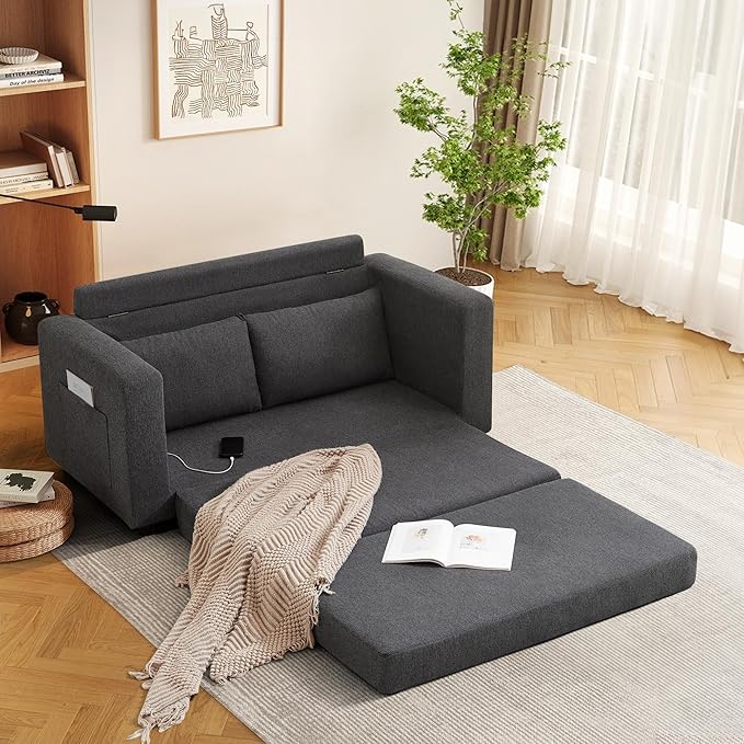 Chorlenimi Convertible Sofa Bed Comfy Linen Sleeper Sofa with Storage Pockets,USB Charging Port,Futon Floor Couch for Living Room,Bedroom,Apartment(Grey, 48 Inches)