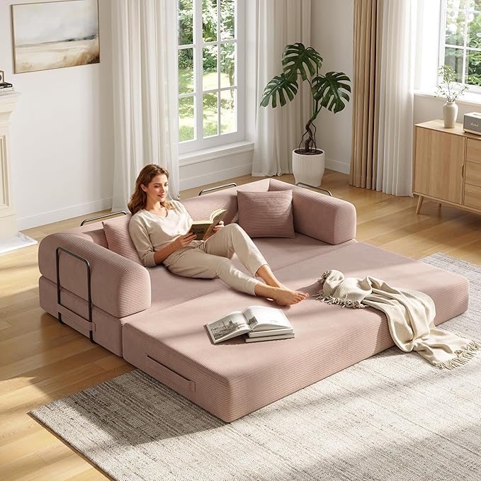 79 Inch 5-in-1 Convertible Sofa Bed, Corduroy Boneless Floor Couch with Fixed Frame & Pillow, Modular Folding Mattress Lounger for Small Space, Living Room, Bedroom - Easy Assembly(Pink)