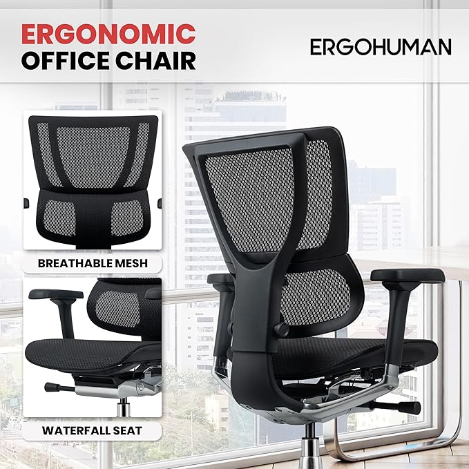 Ergohuman Eurotech ME3ERG-XTREME Mid Back Mesh Office Chair with Tilt Tension Control, Tilt Lock, Back Angle, Back Height, Synchro Tilt, Seat Height, Seat Depth, and Arm Height Adjustments, Grey