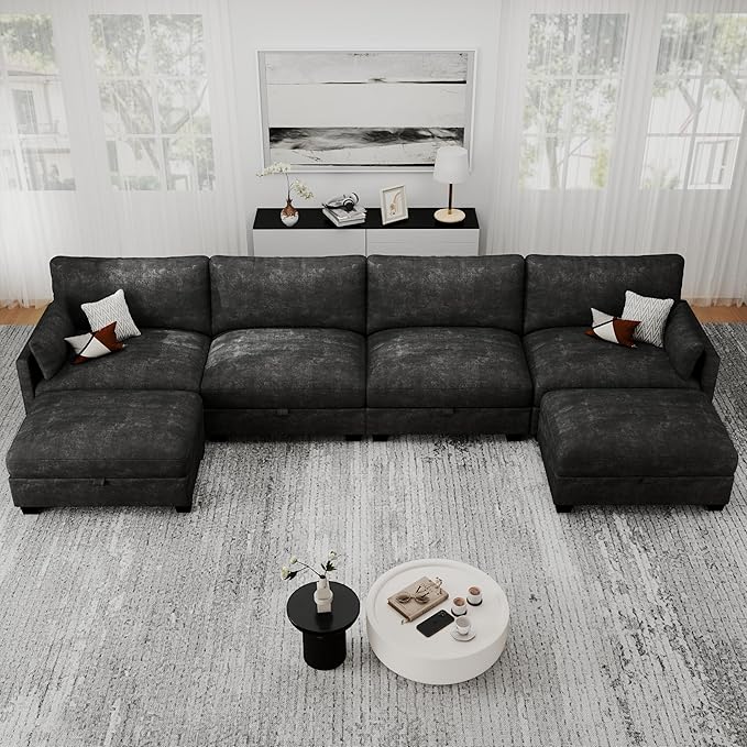Modular Sectional U Shaped Sofa Couches for Living Room, Cloud Couch with Storage Ottoman, Comfy Chenille Sofa with Pillow, Black