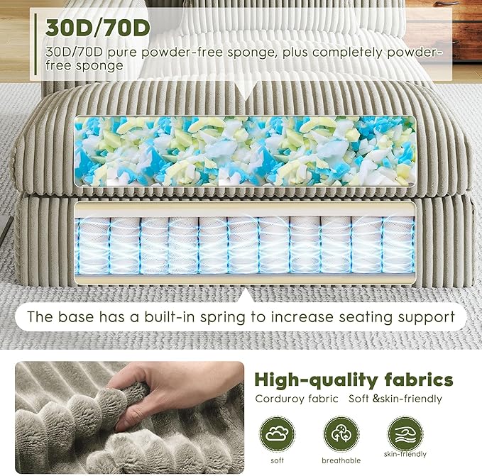 Oversized Chaise Lounge Sofa Chair Indoor，Soft Corduroy Fabric, Boneless sofawith Cushion，A Comfortable, deep-Seated Cloud Sofa for use in The Living Room.(Singler-Left-arm-Gray)