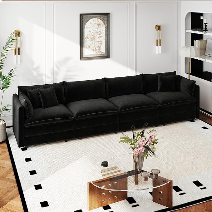 Aoowow Modular Sectional Sofa,147.2 Inch Deep 4-Seater Sofas Comfy Chenille Cloud Sofas and Couches with Pillows for Living Room Apartment（Black）