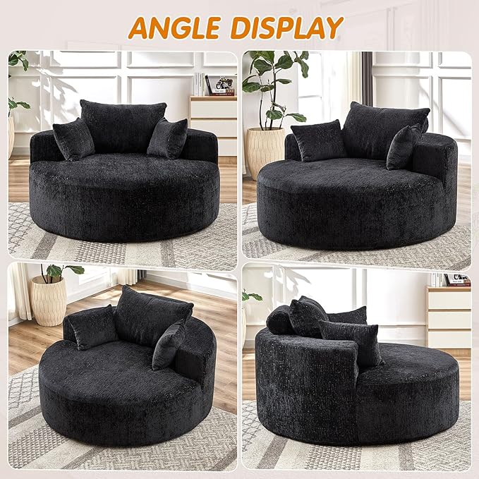 55"W Oversized Round Chair Lounge Chaise Indoor, Upholstered Comfy Circle Sofa Armchair, Modern Cozy Boneless Foam Floor Reading Chair for Living Room, Bedroom, No Assembly Required(Chenille, Black)