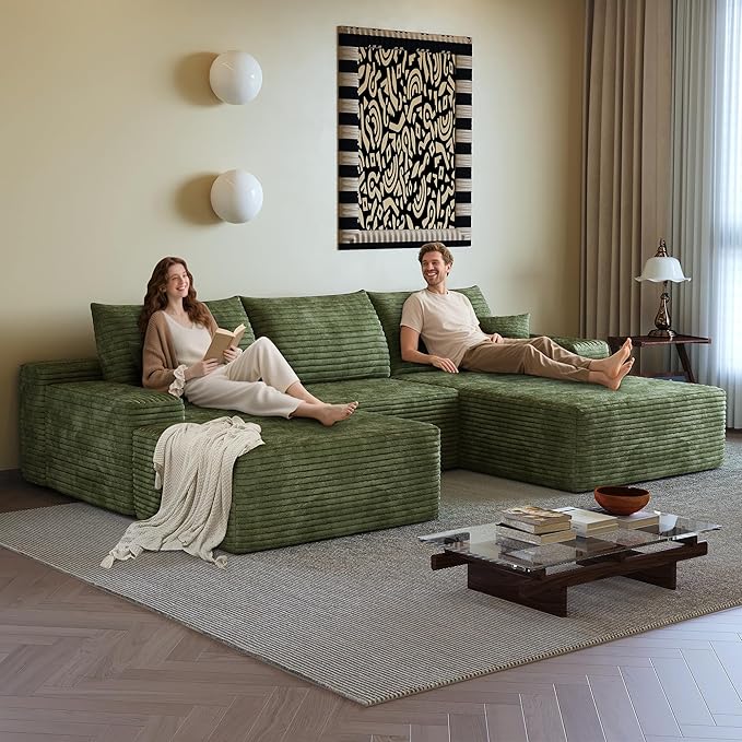 AUGOP 108" Sectional Couches for Living Room Modern Modular Sofa with L-Shape Couchs Upholstered Boneless Couch Deep Seat Sectional Couch with Chaise (Green, Right Facing Chaise+2Seaters+1Ottoman)
