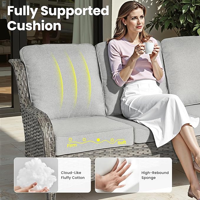 ovios 8 Pieces Patio Furniture Set, Outdoor Wicker Sofa Couch with Swivel Chairs 42" Fire Pit Table, High Back Modern All Weather Conversation Sets, Grey Rattan, Grey