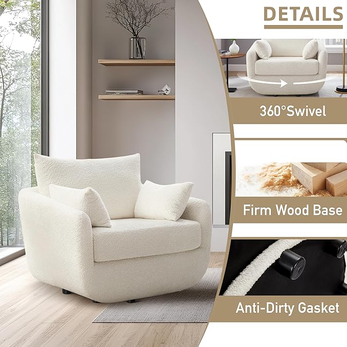 UNUQLIVCO 360° Swivel Accent Armchair Set of 2, 39.3" Oversized, Sherpa Boucle Fabric Sofa Chair with Removable Back & Arm Pillows, Swivel Chairs with Cozy Soft Padded, White