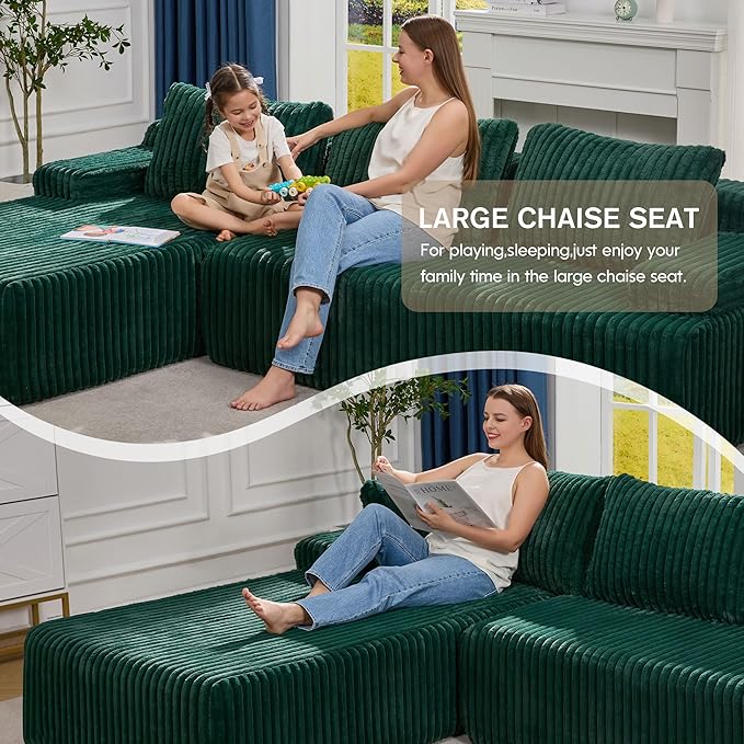 Modular Sectional Sofa Couches L-Shape Couch 3 Seat Modular Sofa Memory Foam Sectional Couches for Living Room, Cloud Couch with Oversized Chaise (Green Stripe, 108" Left Facing Chaise)