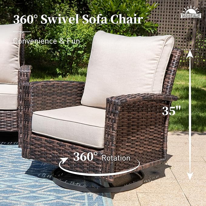SUNSHINE VALLEY Patio Wicker Swivel Chairs Set of 2, Outdoor High Back Chairs with 5.5" Waterproof Cushions and Side Table, Outdoor Furniture Set for Deck Porch and Yard, Peacock Blue