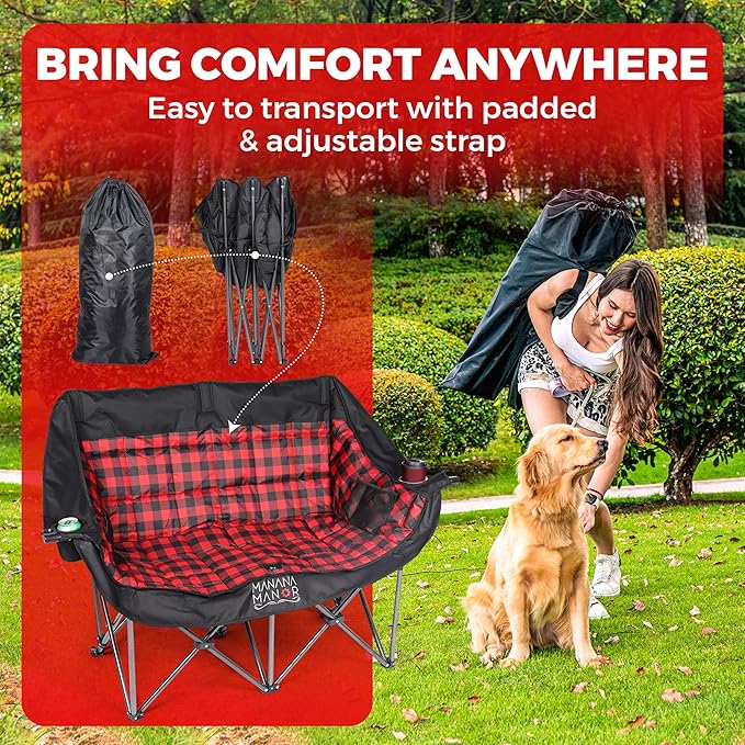 Double Camping Chair with 650lbs Weight Capacity for 2 Person – Portable & Foldable Extra Padded Camping Couch with Cup Holder & Carry Bag for Patio, Beach, Lawn, RV, Camping, Tailgate