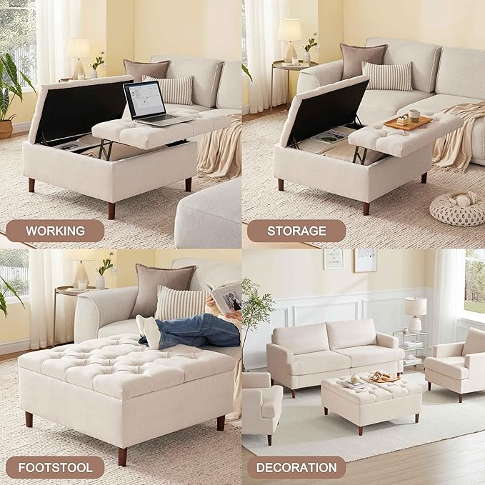 35 Inch Extra Large Storage Ottoman Coffee Table, No Assembly Required, Oversized Square Ottoman with Storage, Tufted Upholstered Ottomans Coffee Table for Living Room (Fabric, Beige)