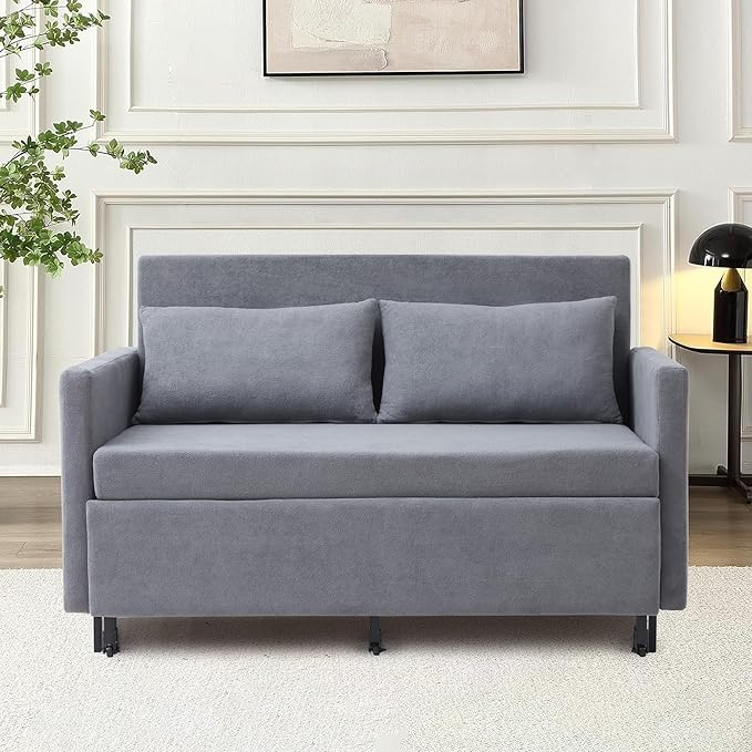QHITTY Pull Out Couch Bed, 2-in-1 Sleeper Sofa Small Loveseat Bed with Hidden Side Table and Iron Frame for Living Room, Small Space, Apartment (Grey)