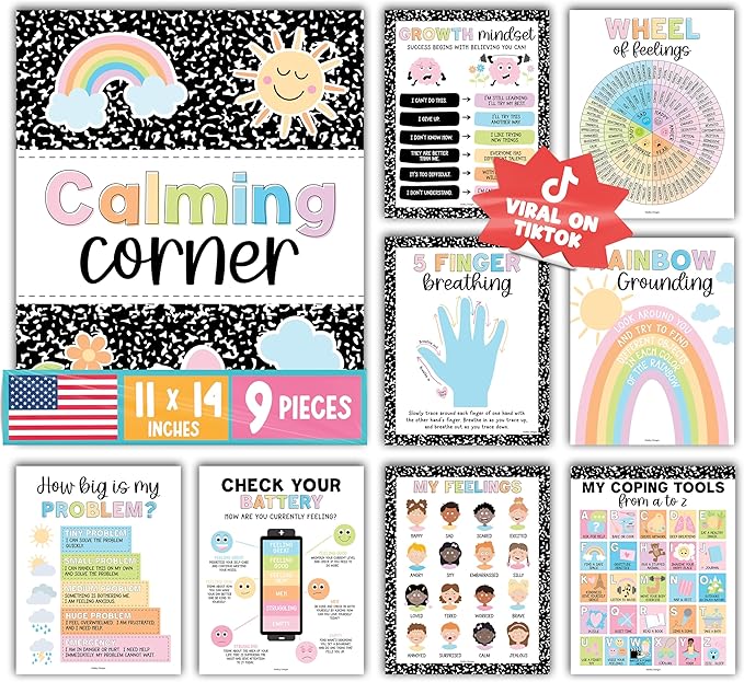 Hadley Designs 9 Calming Corner Posters For Classroom Must Haves For Teachers - 11x14 Calm Down Corner Supplies, Feelings Chart For Kids Ages 4-8, Feelings Wheel Poster, Pastel Classroom Decor