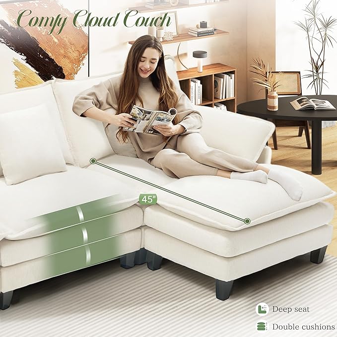 Modular Sectional Sofa, Comfy Cloud Couch with Movable Ottoman, Deep Seat Couches for Living Room, Bedroom and Apartment, 106" U Shaped Modern Sofa with Pillows, Beige