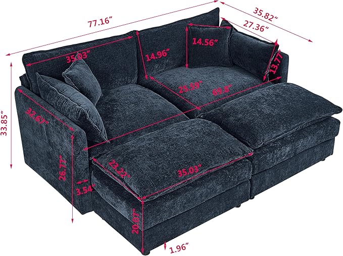Aoowow Modular Sectional Sofa Modern Convertible Loveseat Couch,77.16 Inch Deep 2-Seater Sofas Comfy Chenille Cloud Sofas and Couches Set with 2 Movable Ottoman for Living Room Apartment（Blue）