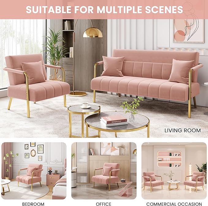Yaheetech 30" W Accent Chair Velvet Oversized Armchair Living Room Chair with Golden Frame & Cozy Pillow for Living Room, Bedroom, Office Pink