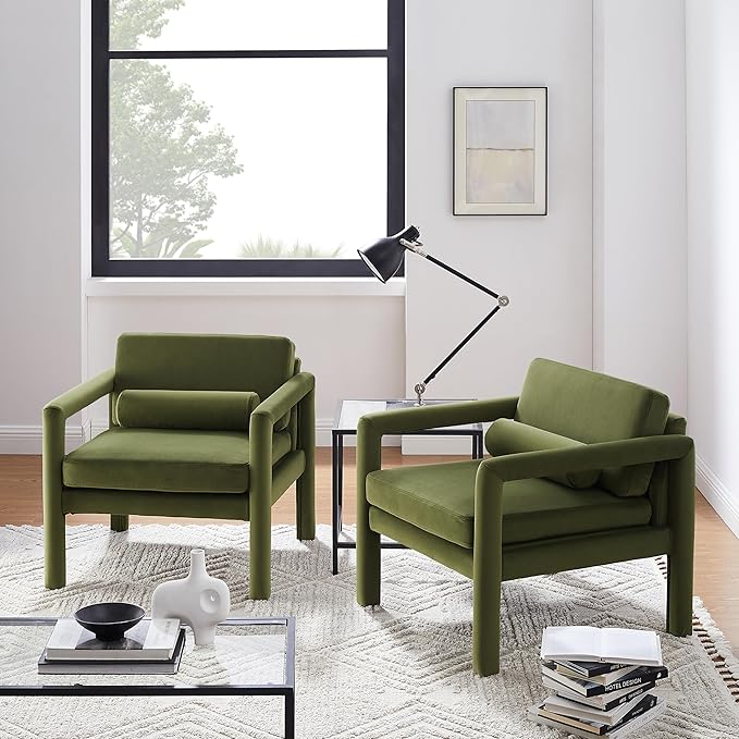 Art Leon Accent Chairs Set of 2, Modern Velvet Upholstered Arm Chairs, Sofa Chairs Lounge Chairs with Pillow for Living Room Bedroom, Green