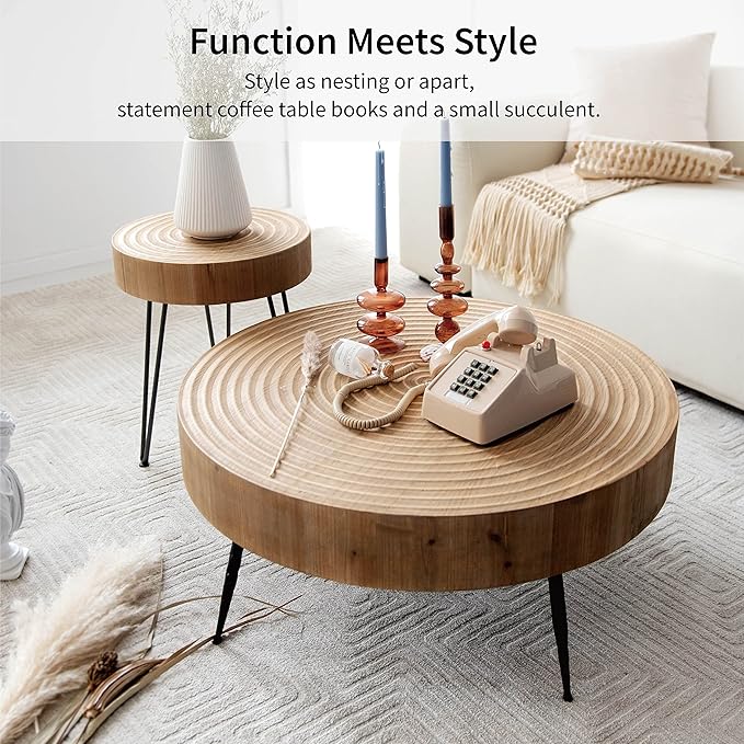 LONYKE 2-Piece Boho Farmhouse Nesting Table with Handcrafted Wood Ring Motif, Round Natural Finish Coffee Table Set for Living Room, French Country Decor, Round