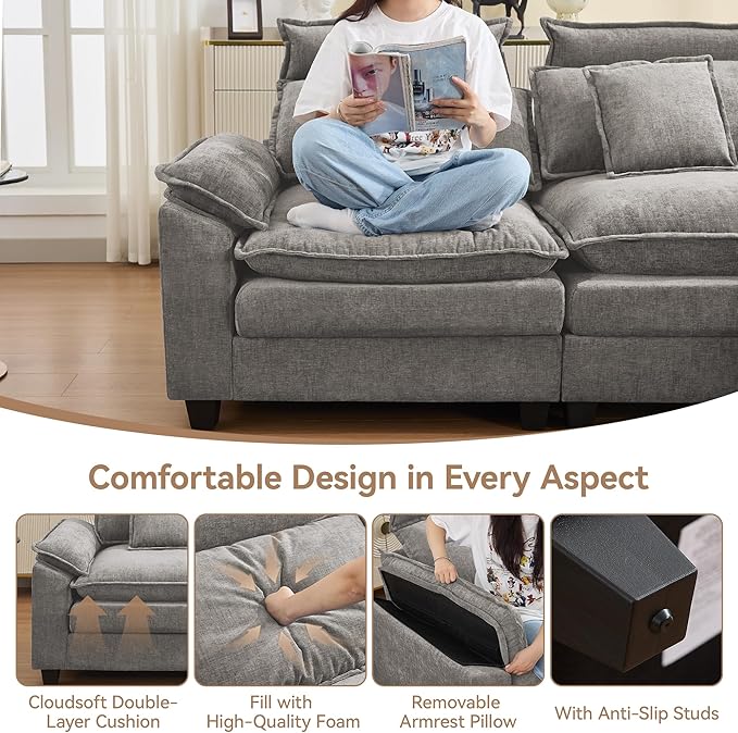 134'' Cloud Modern 4 Seater Couch with Detachable Headrest, Modular Sectional Sofa with 2 Ottoman, Oversized U Shape Chenille Comfy Sofa with Armrests for Living Room, Light Grey