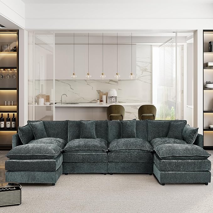 Aoowow Modular Sectional Sofa Modern Convertible U Shaped Couch,147.2 Inch Deep 4-Seater Sofas Set Comfy Chenille Cloud Sofas and Couches with Movable Ottoman for Living Room Apartment（Grey）