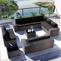 Kullavik Outdoor Patio Furniture Set,12 Pieces Sectional Rattan Sofa Set Brown PE Rattan Wicker Patio Conversation Set with 10 Seat Cushions and 2 Tempered Glass Coffee Table,Black