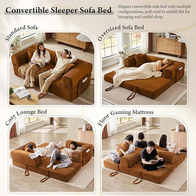 AUGOP Boneless Couch Folding Couches for Living Room Sofa, Futon Sofa Bed with Sleeper Sofa, Futon Couch with Fixed-Shape Oversized Corduroy Upholstered (Orange, 81 Inches)