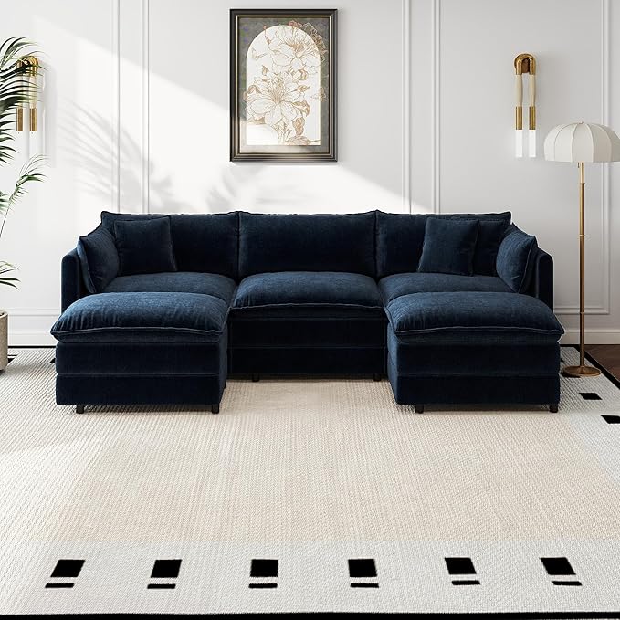 Aoowow Modular Sectional Sofa Modern Convertible U Shaped Couch,112.2 Inch Deep 3-Seater Sofas Set Comfy Chenille Cloud Sofas and Couches with Movable Ottoman for Living Room Apartment（Blue）