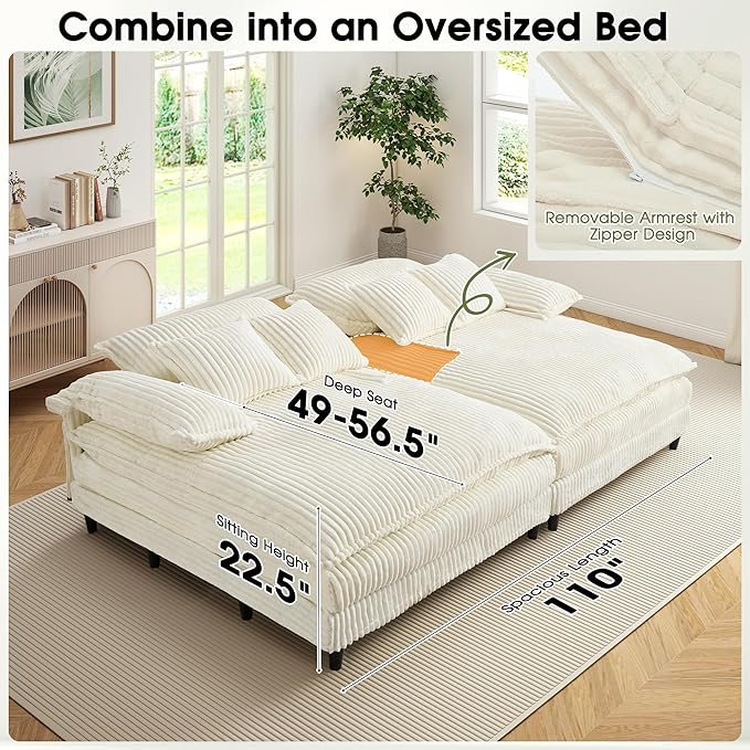 54.8" W Oversized Chaise Lounge Chair Indoor with 5-Position Adjustable Backrest, Corduroy Sleeper Sofa Bed with 3 Pillows, Modern Cloud Couch Chair for Living Room, Bedroom, Beige