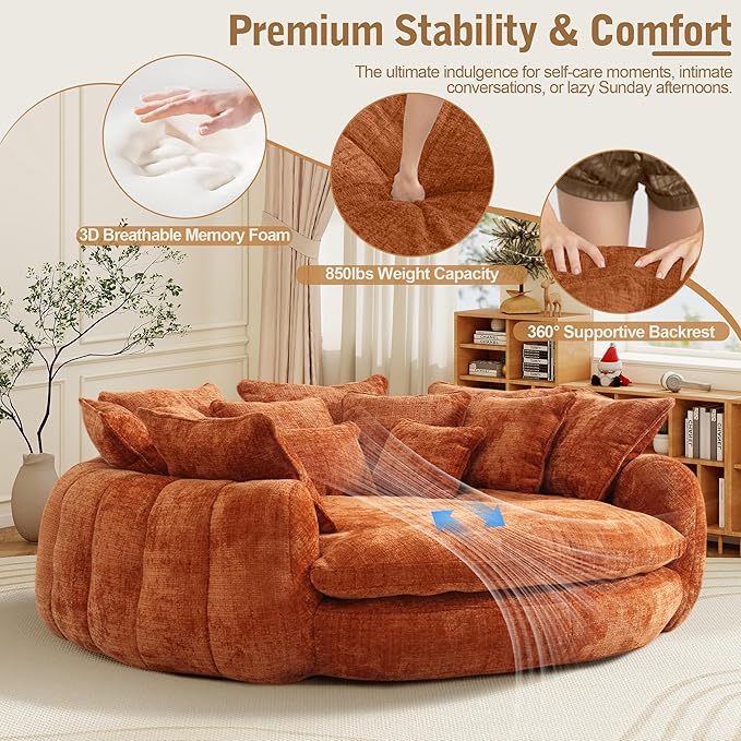 82'' Oversized Upholstered Sofa Bed, Round Chaise Lounge Chair Indoor, Modern Chenille Boneless Couch, No Assembly Required, Plush Sleeper Chair with 14 Pillows for Living Room, Orange