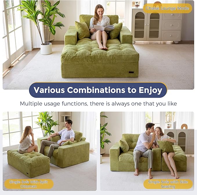 MAXYOYO Oversized Chaise Lounge Sofa, Upholstered Lounge Chair with 3 Pillows, Tufted Boneless Sofa Couch with Ottoman, Deep Seat Sleeper Chair for Living Room, Bedroom, No Assembly, Green