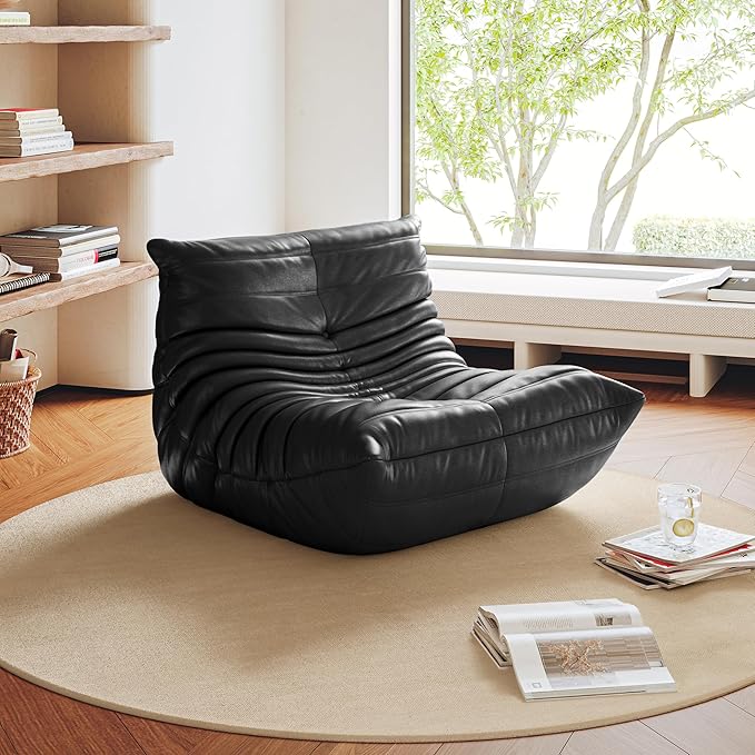 High-end Bean Bag Chair, Fireside Togo Chair with Black Faux Leather Cover, Comfy & Soft Lazy Floor Lounge Sofa for Bedroom, Living Room, Office or Lounger