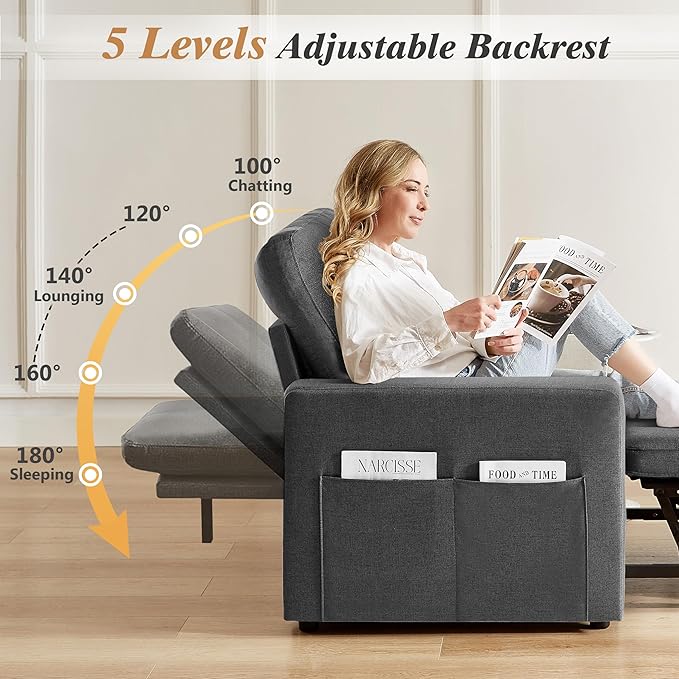 WEUP 42.5" Sleeper Chair Bed, 3-in-1 Oversized Convertible Sleeper Sofa Chair with Pull Out Bed, Reclining Adjustable Backrest/Side Pockets, Tool-Free Assembly, Basic Dark Grey