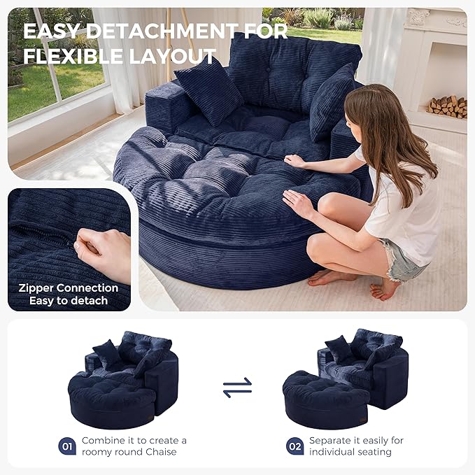 MAXYOYO Modular Sectional Chaise Lounge Sofa, Round Upholstered Lounge Chair with Ottoman, Comfy Couch with Layered Cushion, Tufted Sleeper Chair for Living Room, No Assembly, Navy