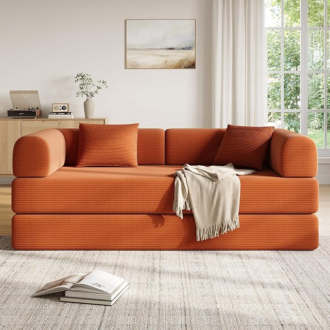 79 Inch 5-in-1 Convertible Sofa Bed, Corduroy Boneless Floor Couch with Fixed Frame & Pillow, Modular Folding Mattress Lounger for Small Space, Living Room, Bedroom - Easy Assembly(Orange)