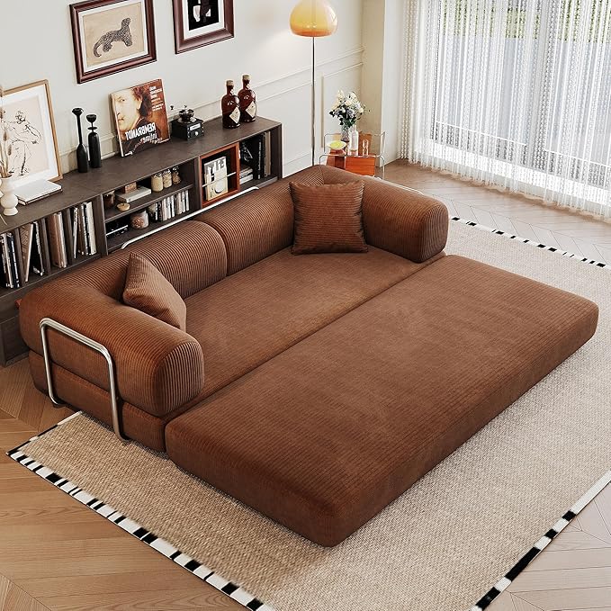 79" Convertible Sofa Bed, Corduroy Folding Pull Out Couch with Pillows, No Assembly Modern Boneless Couch Compression Sofa in Box, Floor Sofa with Support Rods for Living Room,Brown