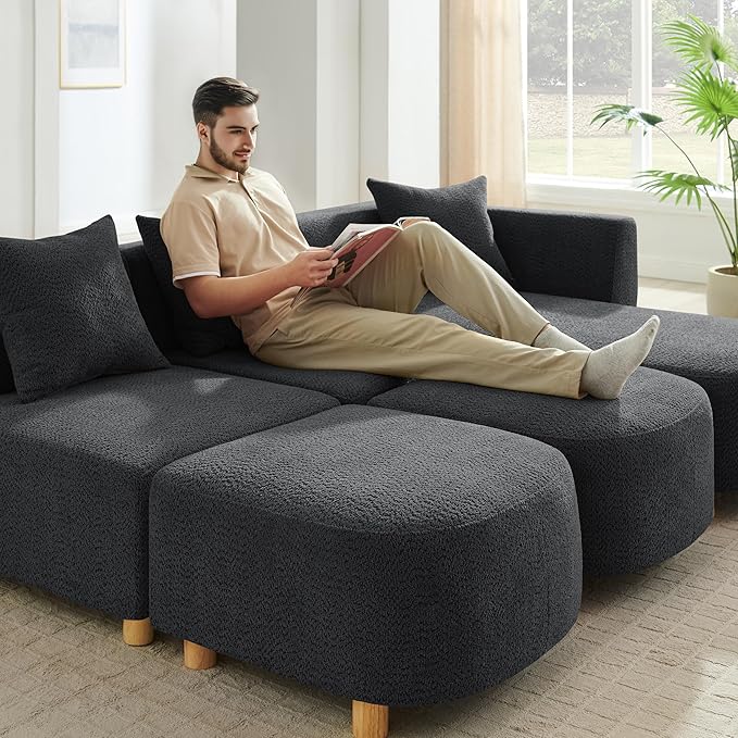 VANOMi 109.84" Modular Sectional Sofa with 3 Pillows, Convertible 5-Seater Comfy Boucle Cloud Couch with Ottoman, Modern Sectional Sofas for Living Room, Office, Apartment (Dark Gray)