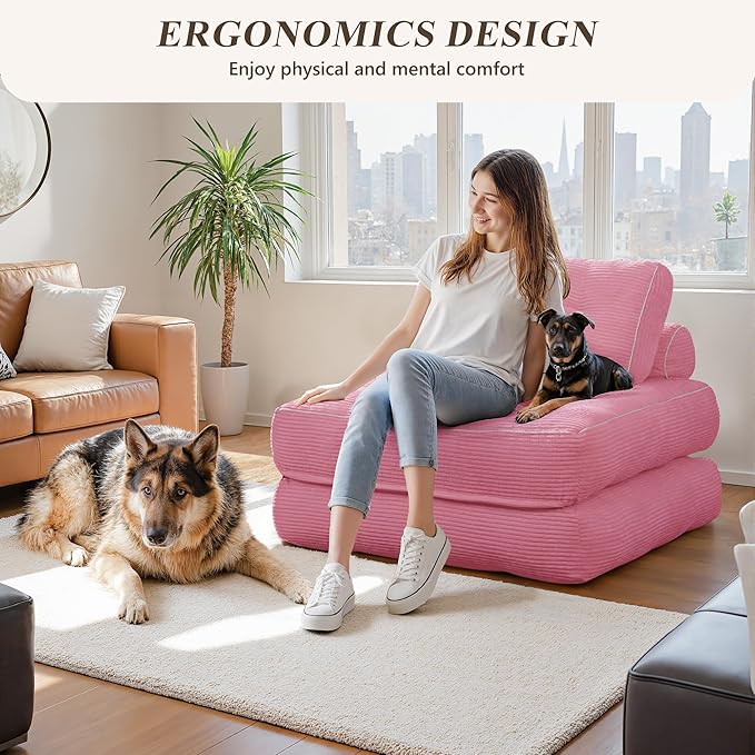 Folding Sofa Bed,Convertible Sleeper Chair for Adults, Folding Sofa Bed Foam Filling Couch with Pillow，Sleeper Chairs Single Size Floor Mattress,Pink