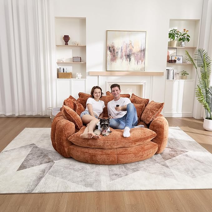 81" Oversized Bean Bag Chair Boneless Round Chaise Lounge Comfy Chenille Reading Chair Fluffy Plush Sofa Bed Large Deep Seat Circle Cloud Couch for Living Room, Bedroom, Apartment, Orange