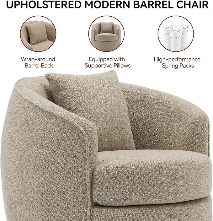 FaFaSoGoodFa Swivel Accent Chair, Modern Upholstered Boucle Barrel Arm Chairs with Pillow for Living Room, 360 Degree Round Swivel Sherpa Armchair with Round Base for Bedroom Club (1, Light Brown)