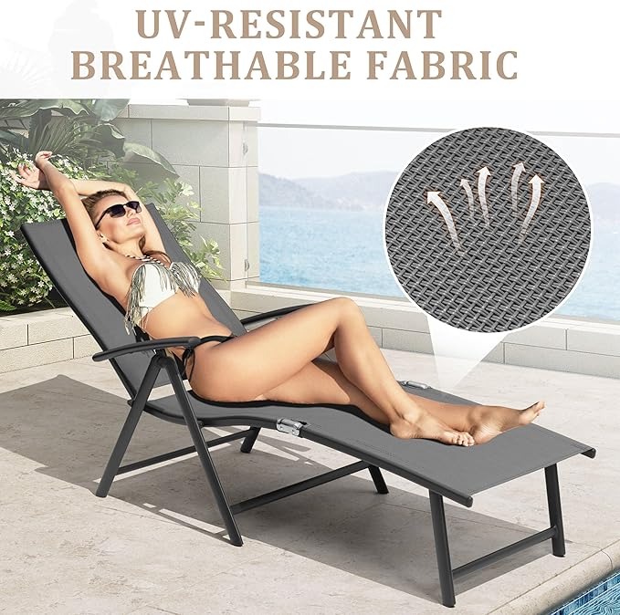 VredHom Patio Chaise Lounge Outdoor Adjustable Folding Lounge Chair Recliner with 8 Adjustable Backrest Positions for Pool Beach Yard, Textliene & Brown Aluminum Frame
