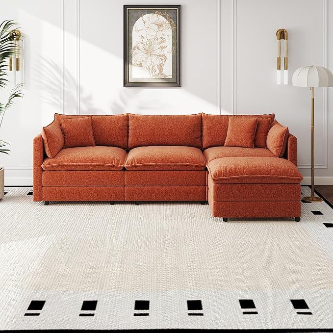 Aoowow Modular Sectional Sofa Modern Convertible L Shaped Couch,111.5 Inch Deep 3-Seater Sofas Set Comfy Chenille Cloud Sofas and Couches with Movable Ottoman for Living Room Apartment(Orange)