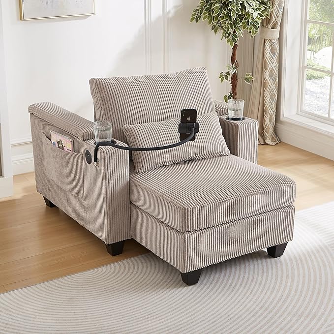 Merax Modern 37.4" Upholstered Indoor Chaise Lounge with USB Ports, Phone & Cup Holders, Single Sofa Couch Sleeper Bed w/Storage Armrest and Soild Legs, Easy Assemble, Brown