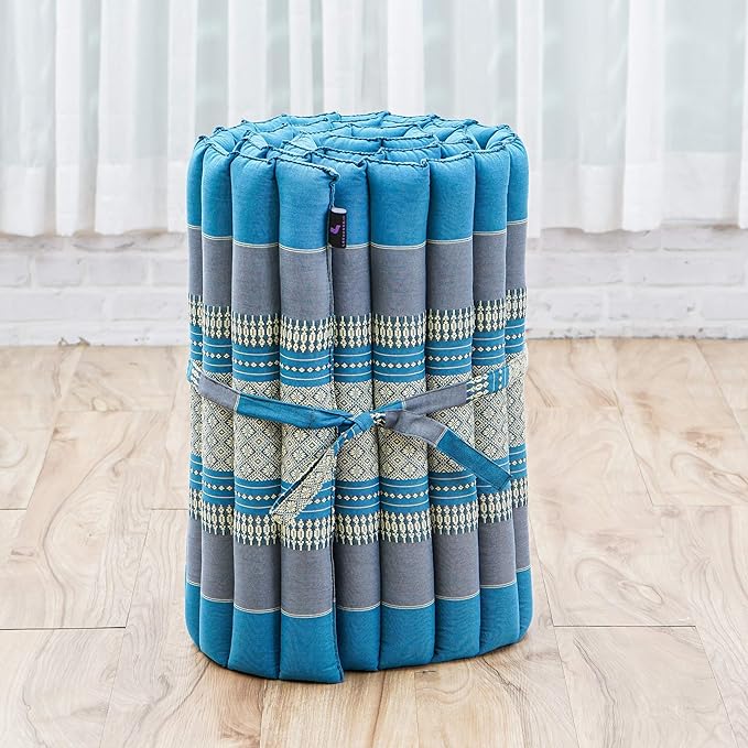 Leewadee - Foldable Floor Mattress - Japanese Roll Up Futon -Trifold Tatami Mat- Guest Floor Bed - Camping Mattress - Thai Massage Mat, Kapok Filled, 75 x 20 inches, Light Blue