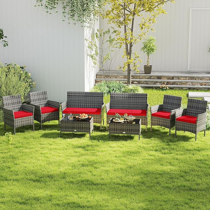RELAX4LIFE 8-Piece Patio Furniture Set - Rattan Outdoor Conversation Bistro Set w/Cushions, Glass Coffee Table, Wicker Chairs & Loveseat for Garden Backyard Porch, Balcony Furniture (2, Mix Grey-Red)