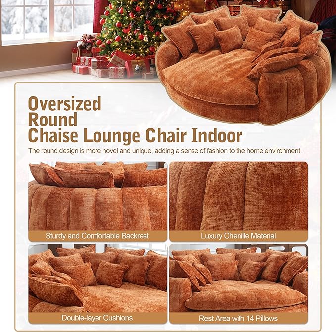 82'' Oversized Upholstered Sofa Bed, Round Chaise Lounge Chair Indoor, Modern Chenille Boneless Couch, No Assembly Required, Plush Sleeper Chair with 14 Pillows for Living Room, Orange